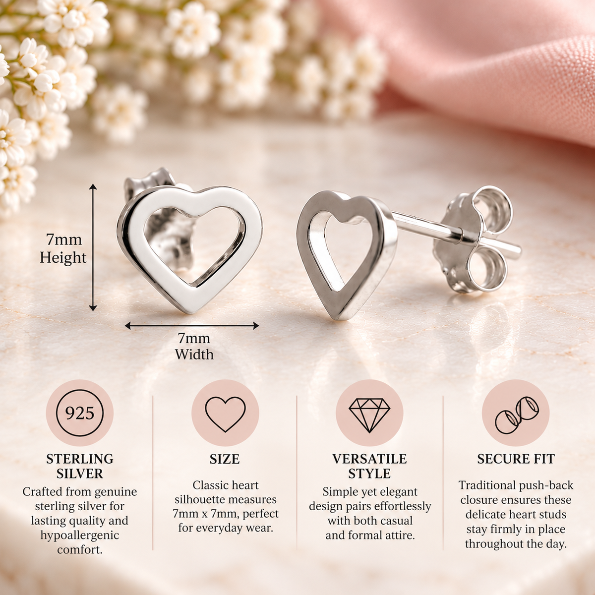 Sterling Silver Heart Stud Earrings - Handcrafted Love Jewelry for Everyday Elegance