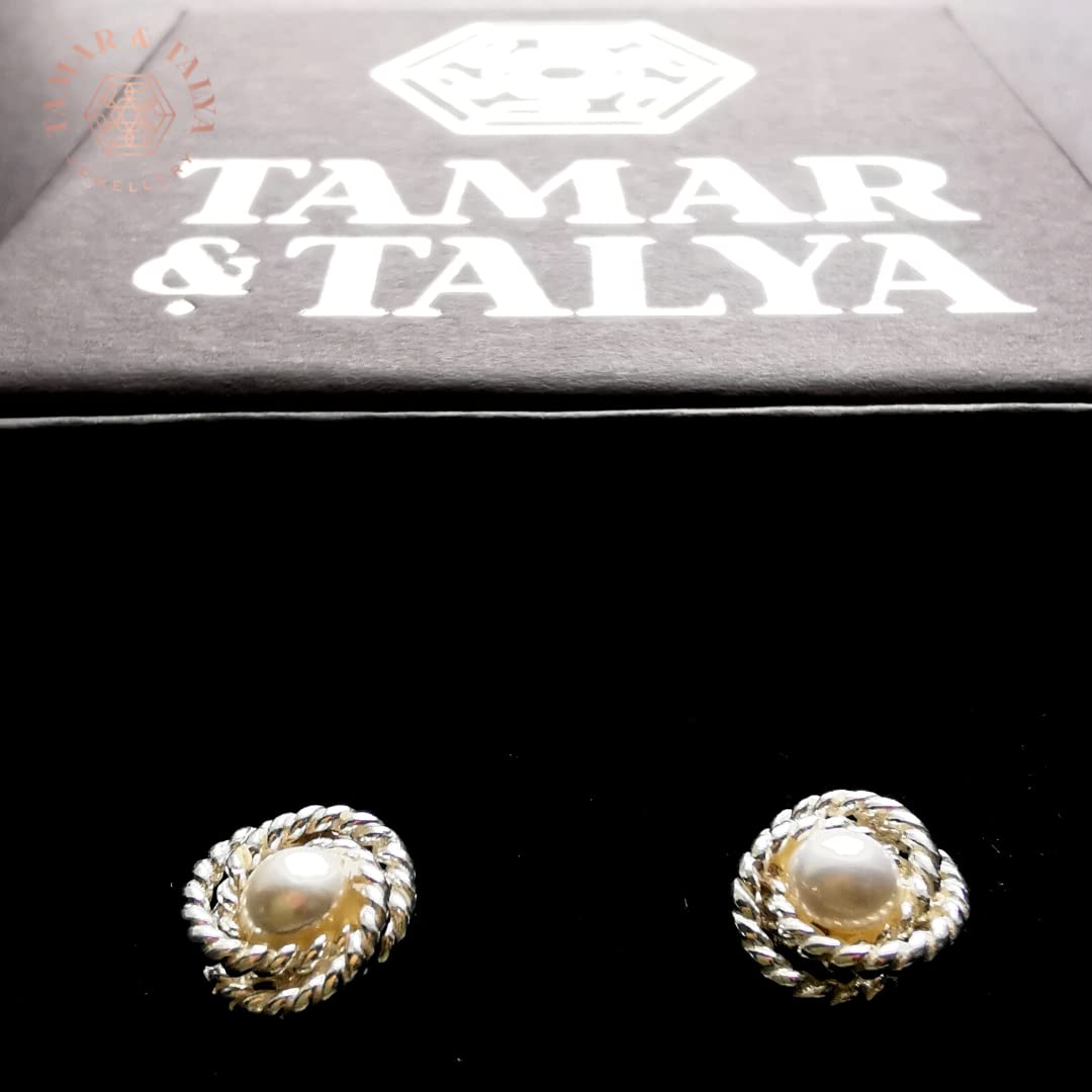 Freshwater Pearl Stud Earrings | Rope Detail 925 Sterling Silver | Tamar & Talya