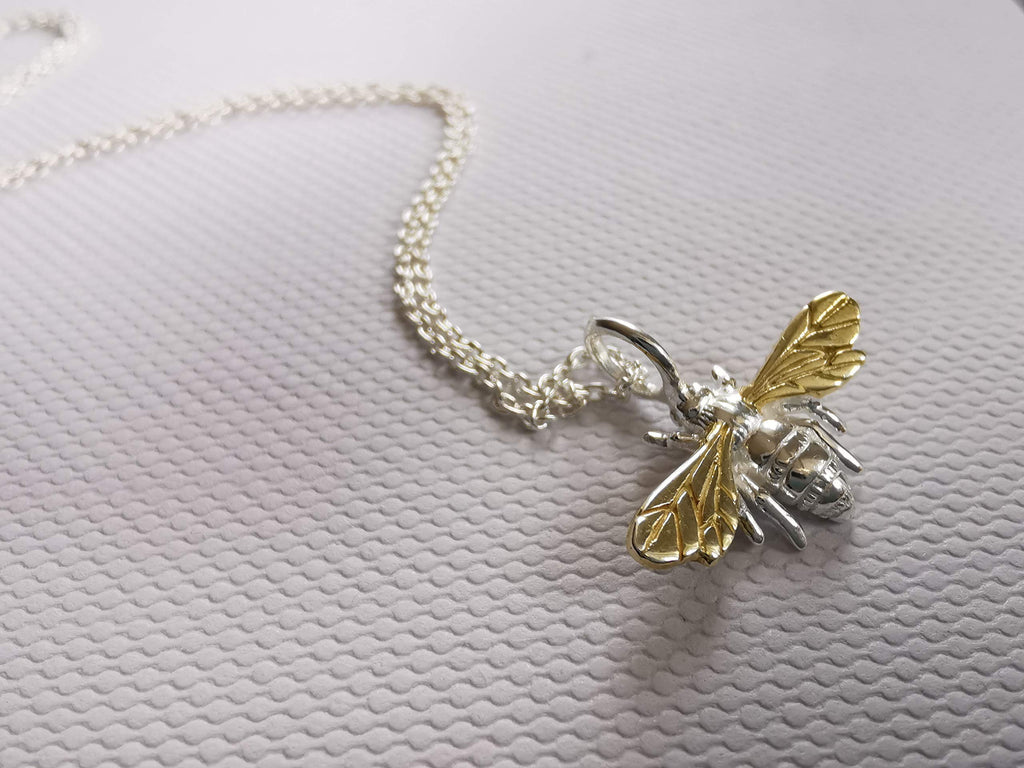 Sterling Silver & Gold Bee Pendant Necklace | Handcrafted Nature Jewellery | 18" Chain | Tamar & Talya