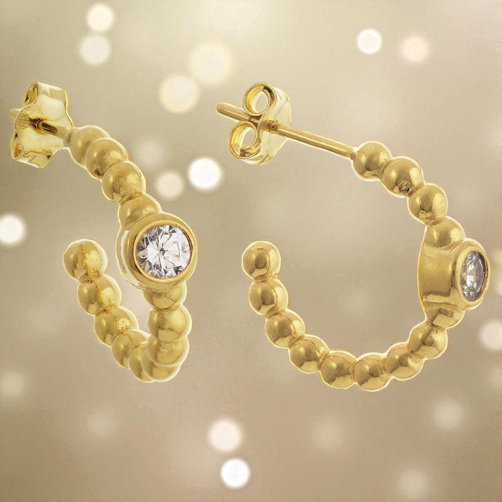 Gold Hoops with cz gemstone | Sterling silver ball wire plated in 9ct gold | Tamar and Talya