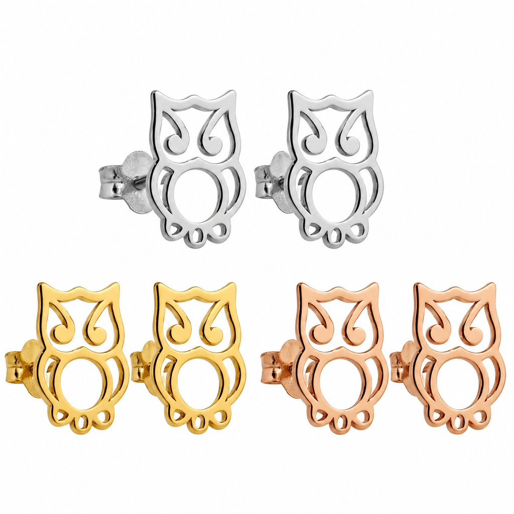 Charming Owl Stud Earrings: Handcrafted Elegance in Sterling Silver, Gold & Rose Gold