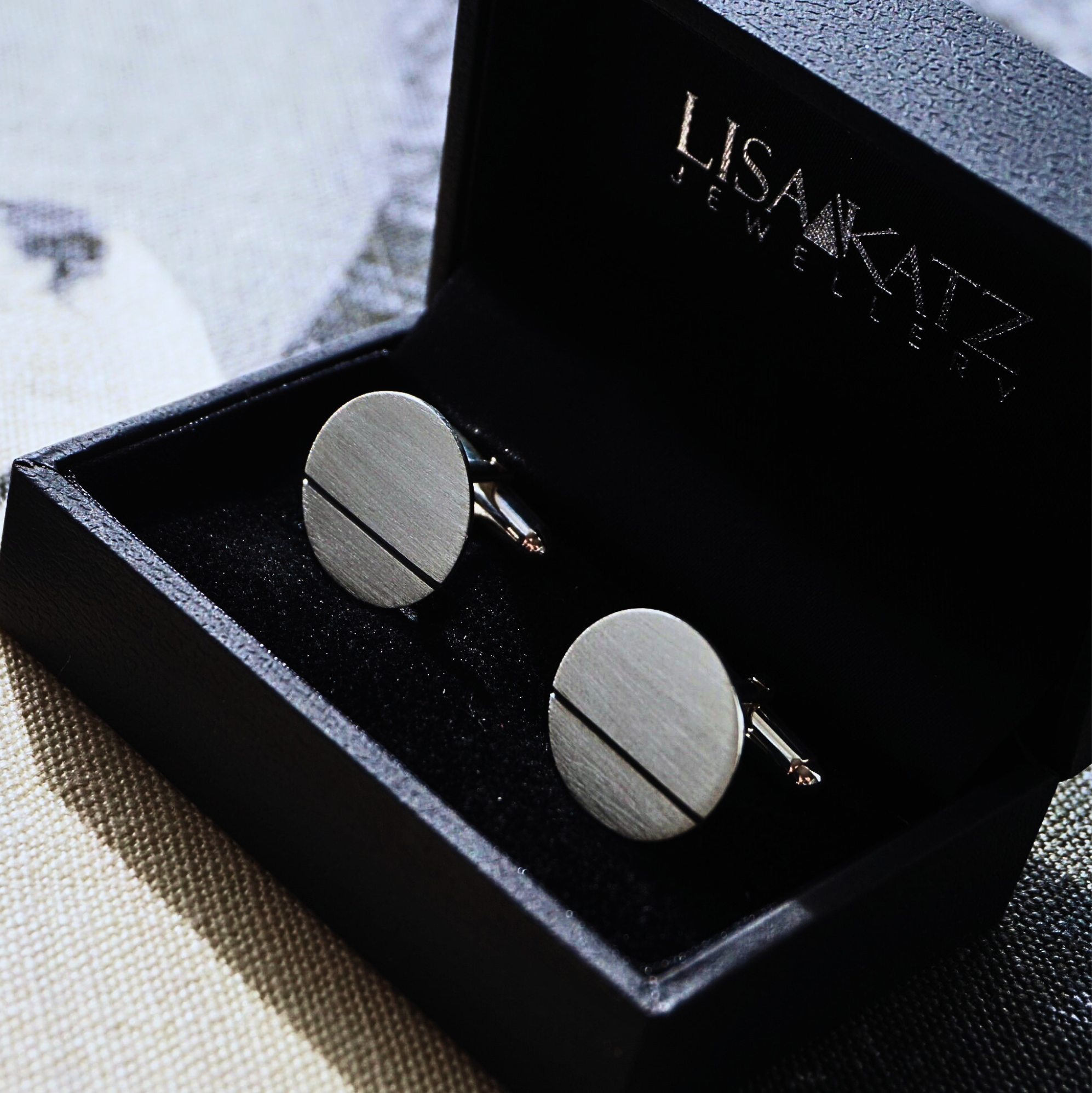Round Cufflinks with Oxidised Black Line | Modern Geometric | Handcrafted in the UK