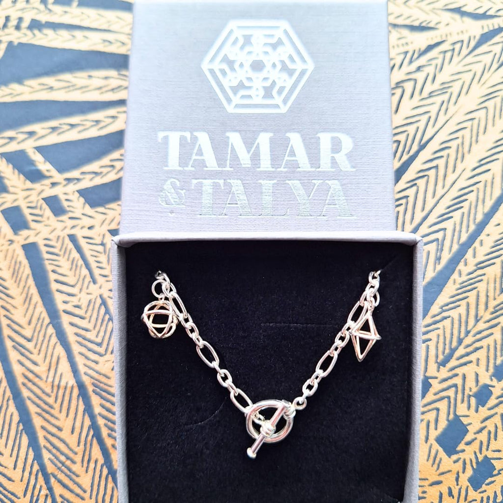 Tamar & Talya Sterling Silver Geometric Charm Bracelet, Modern Chain Design with Toggle Clasp, 19cm Length, Gift Box Included