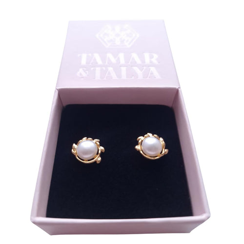 13mm Pearl and Branch Stud Earrings, Sterling Silver, Gold Plated