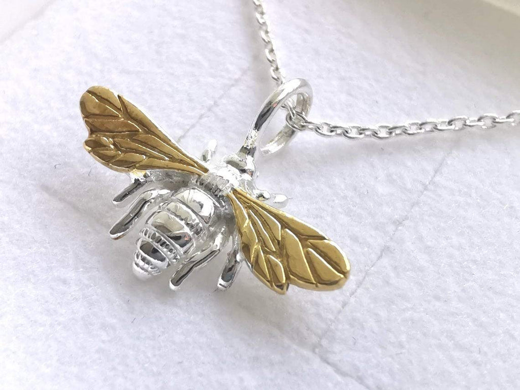 Sterling Silver & Gold Bee Pendant Necklace | Handcrafted Nature Jewellery | 18" Chain | Tamar & Talya