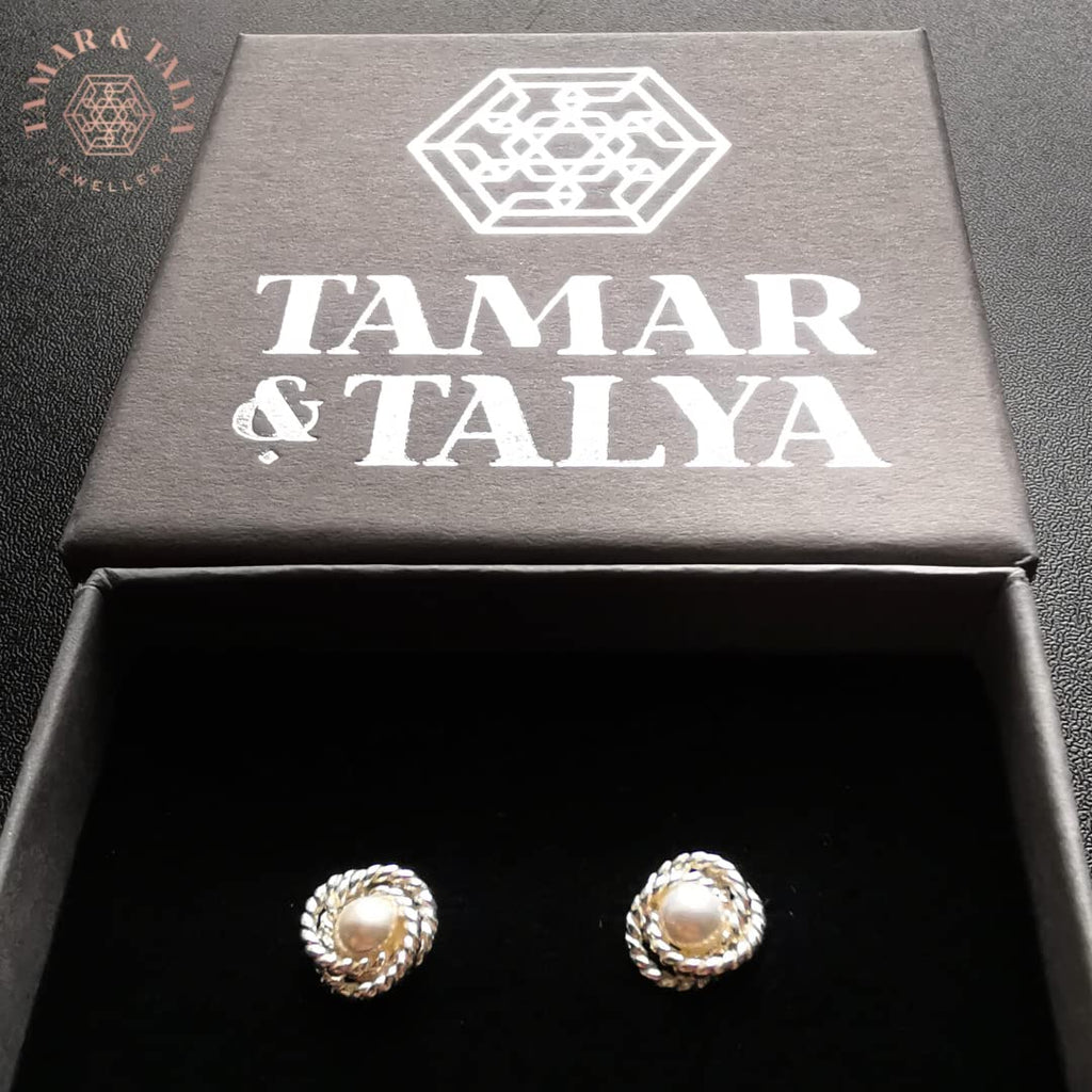 Freshwater Pearl Stud Earrings | Rope Detail 925 Sterling Silver | Tamar & Talya
