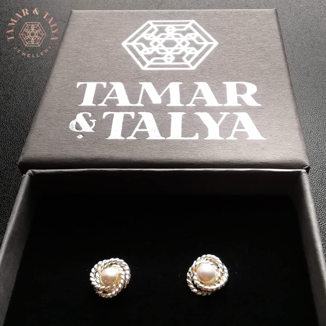 Freshwater Pearl Stud Earrings | Rope Detail 925 Sterling Silver | Tamar & Talya