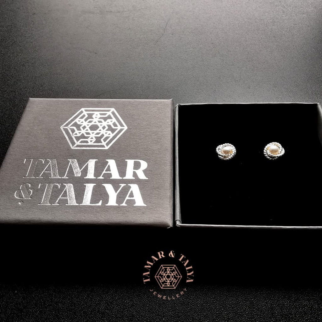 Freshwater Pearl Stud Earrings | Rope Detail 925 Sterling Silver | Tamar & Talya
