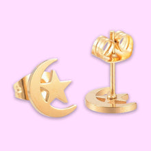 Load image into Gallery viewer, Golden Moon &amp; Stars Stud Earrings | BYOB |Wishstrings Hypoallergenic Stud Earrings | Tamar and Talya.
