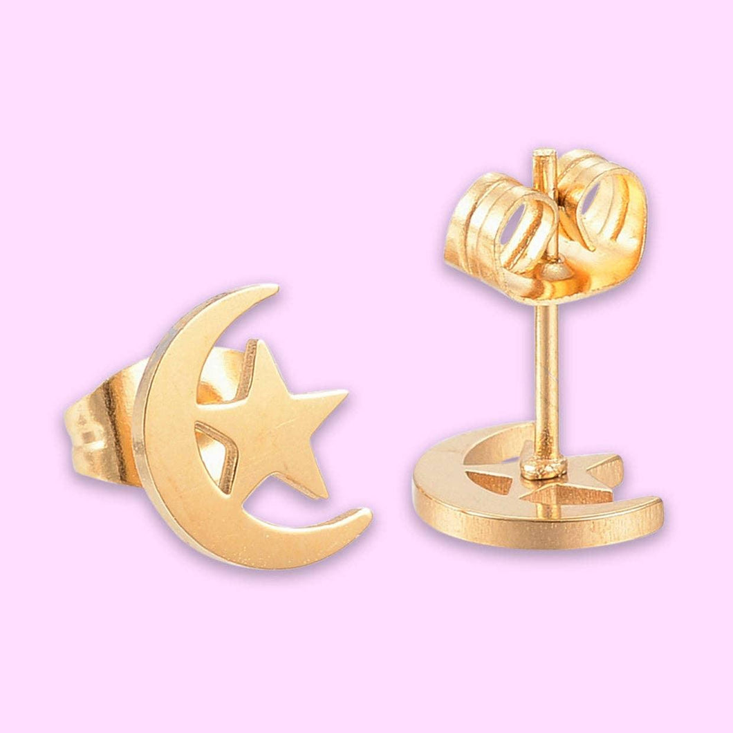 Golden Moon & Stars Stud Earrings | BYOB |Wishstrings Hypoallergenic Stud Earrings | Tamar and Talya.