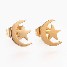 Load image into Gallery viewer, Golden Moon &amp; Stars Stud Earrings | BYOB |Wishstrings Hypoallergenic Stud Earrings | Tamar and Talya.
