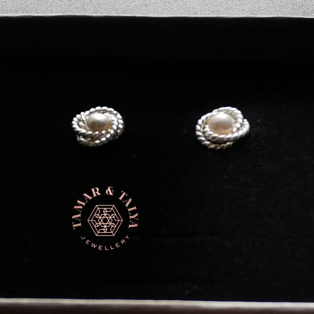 Freshwater Pearl Stud Earrings | Rope Detail 925 Sterling Silver | Tamar & Talya