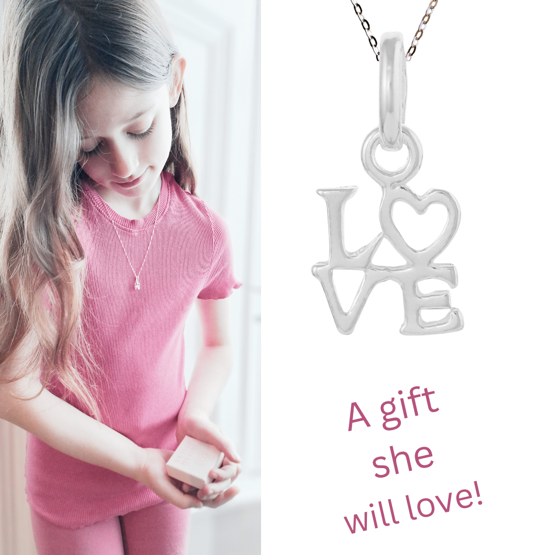 Sterling Silver Love Necklace for Children | Delicate Girl's Keepsake Jewelry | Kids First Necklace Gift