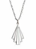 A silver pendant necklace featuring a geometric, fan-like openwork design on a delicate link chain, shown against a plain white background.