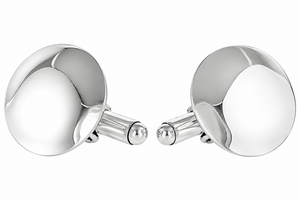 A pair of polished silver round cufflinks with a smooth, reflective finish and bar-and-button closures, shown on a plain white background.