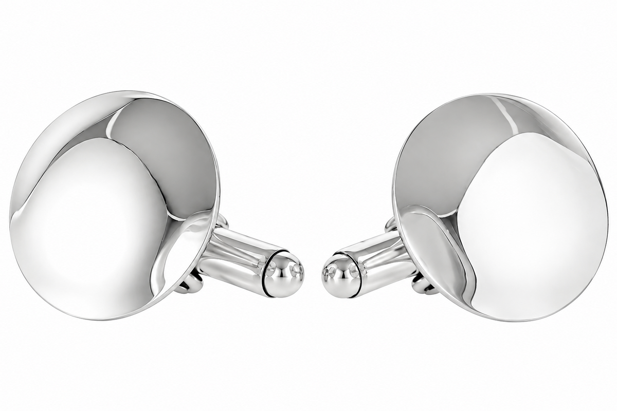 A pair of polished silver round cufflinks with a smooth, reflective finish and bar-and-button closures, shown on a plain white background.