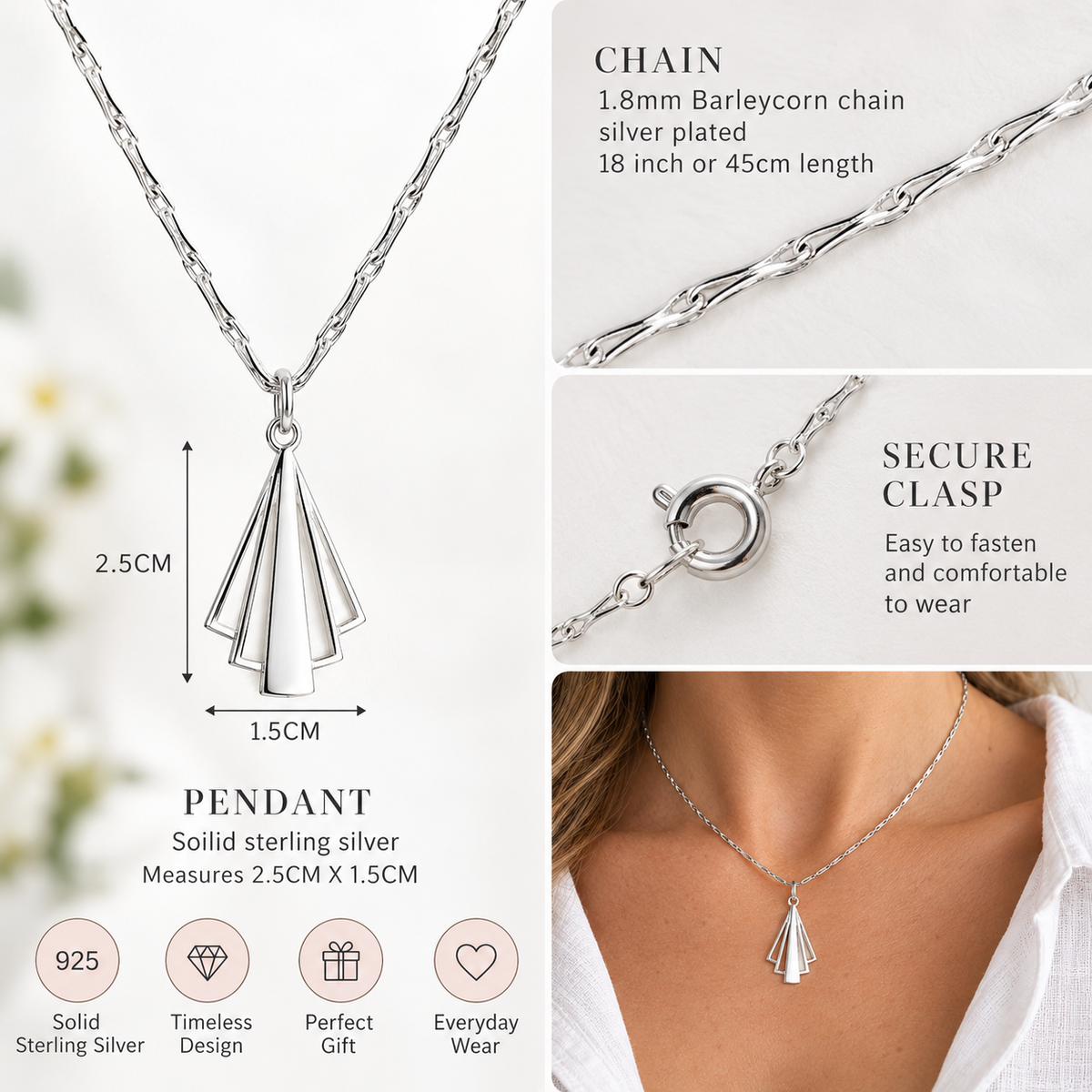 Silver barleycorn chain necklace with a layered fan-shaped pendant, shown with product details, dimensions, clasp close-up, and a model wearing it on a light background.