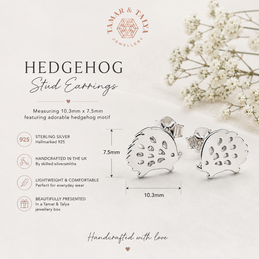 Sterling Silver Hedgehog Stud Earrings | Handcrafted Animal Jewellery | Cute Gift for Her | Tamar & Talya