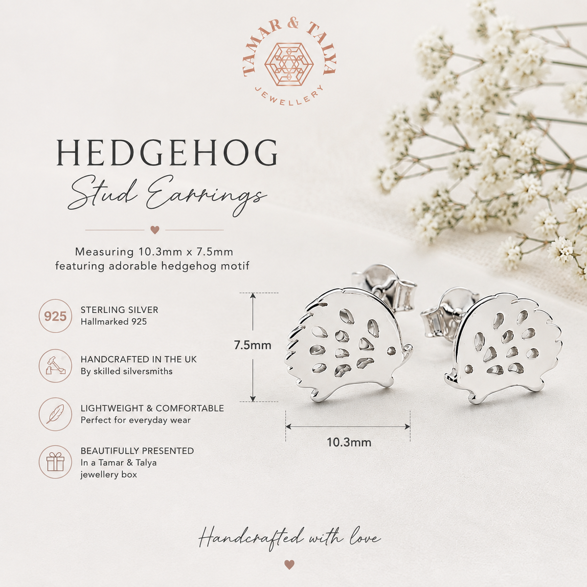 Sterling Silver Hedgehog Stud Earrings | Handcrafted Animal Jewellery | Cute Gift for Her | Tamar & Talya