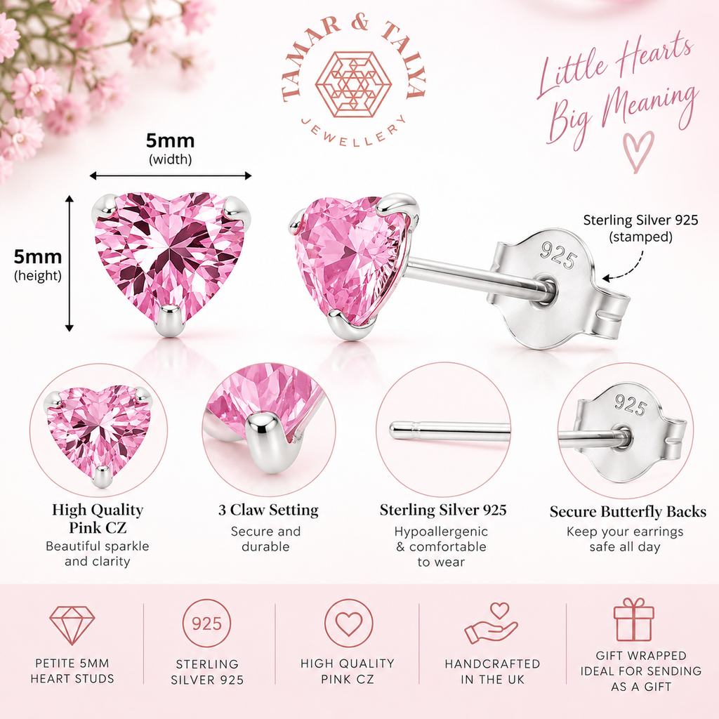 Pink Heart Stud Earrings Sterling Silver 925 – 5mm CZ Heart Earrings