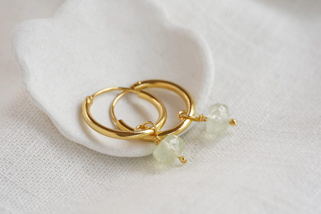Gold Hoop Earrings | Prehnite Hoops | Gemstone Huggie Hoops | Tamar and Talya