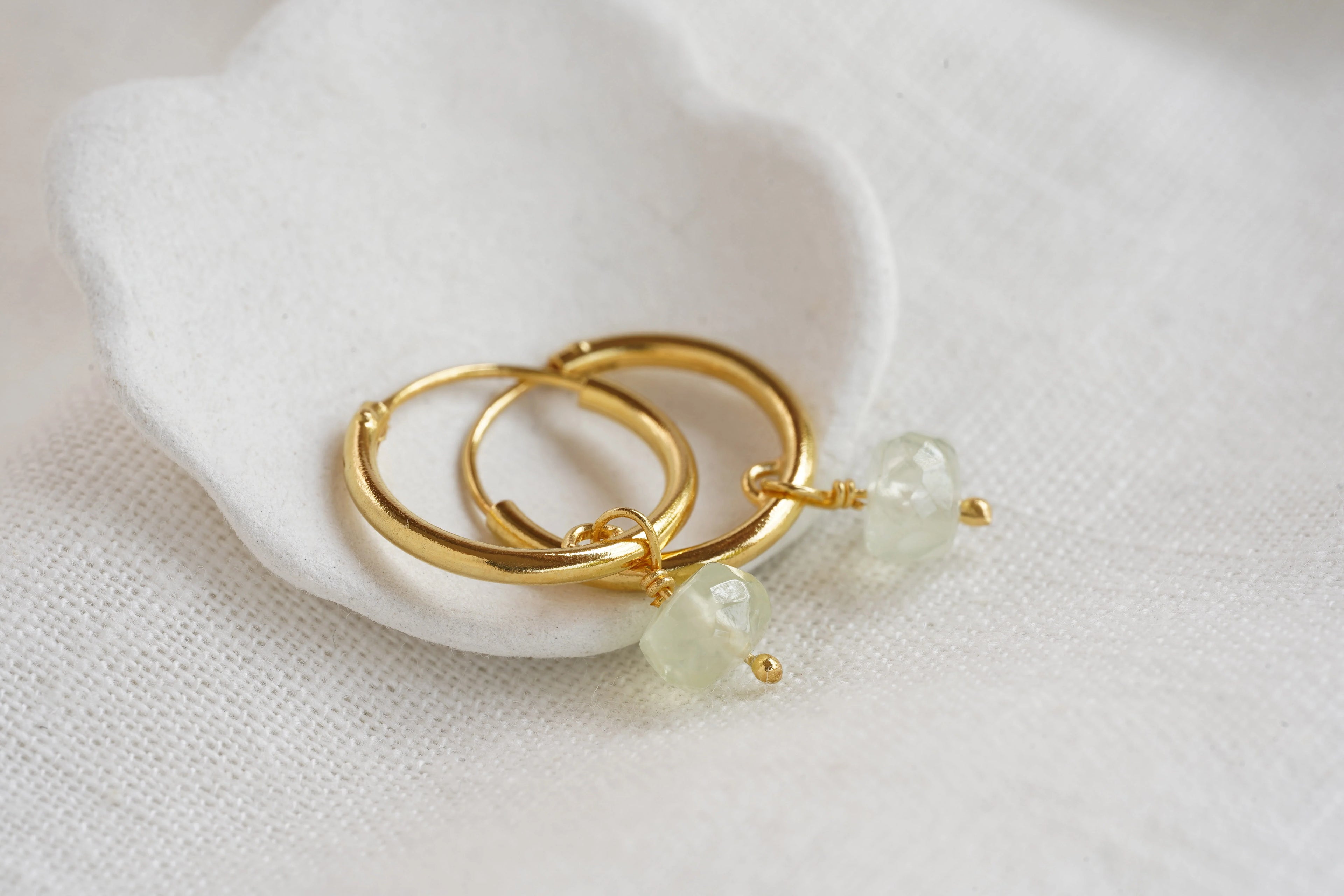 Gold Hoop Earrings | Prehnite Hoops | Gemstone Huggie Hoops | Tamar and Talya