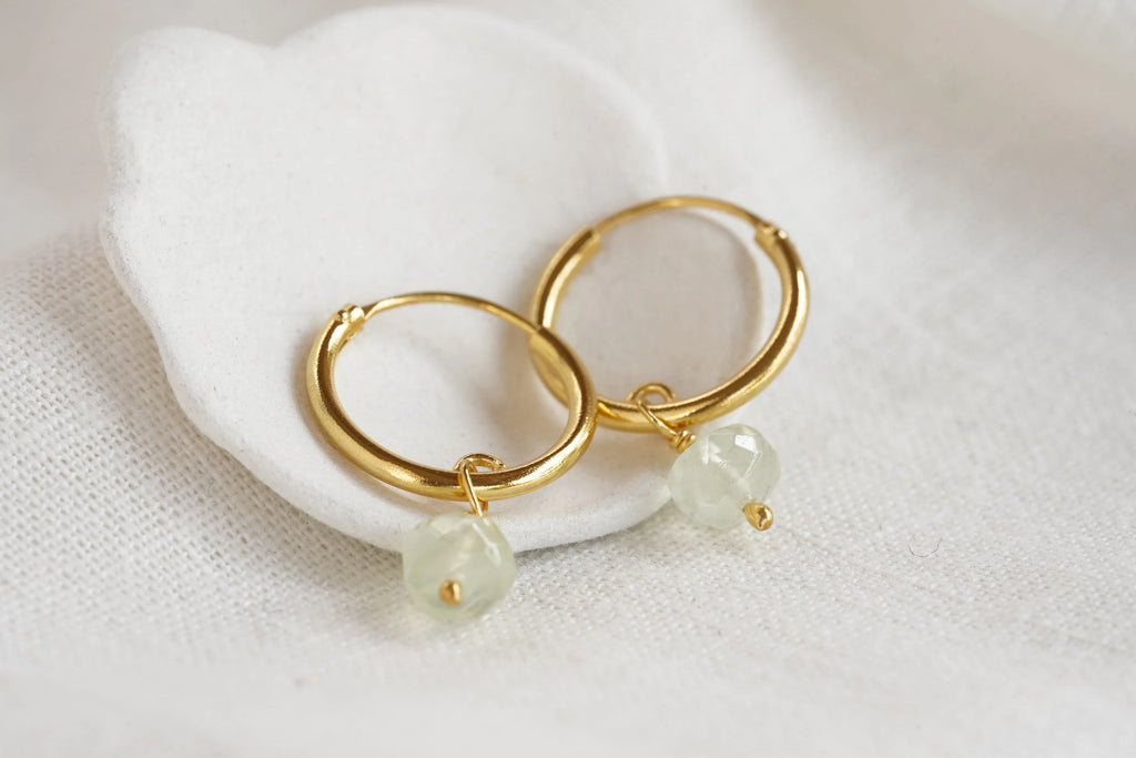 Gold Hoop Earrings | Prehnite Hoops | Gemstone Huggie Hoops | Tamar and Talya