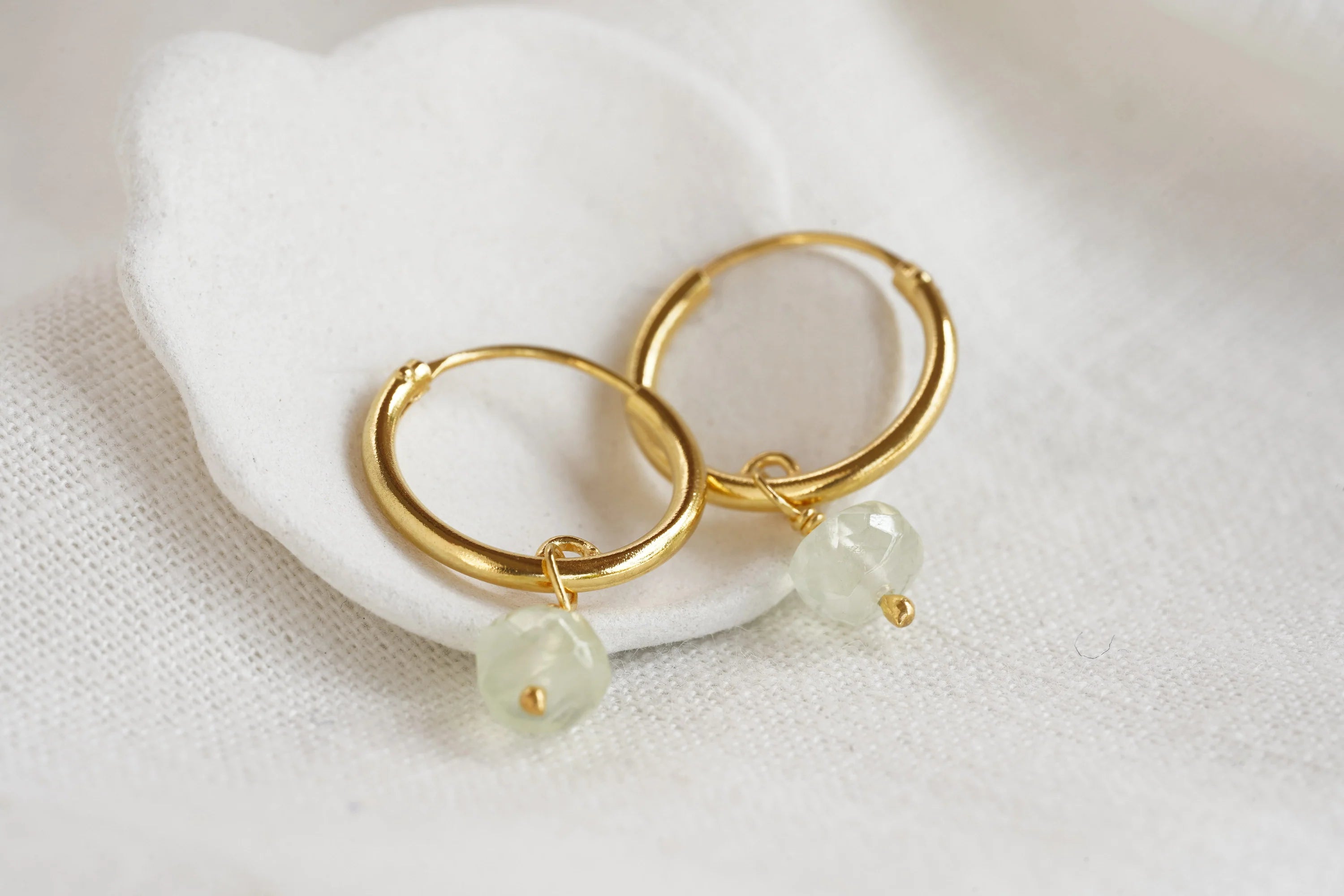 Gold Hoop Earrings | Prehnite Hoops | Gemstone Huggie Hoops | Tamar and Talya