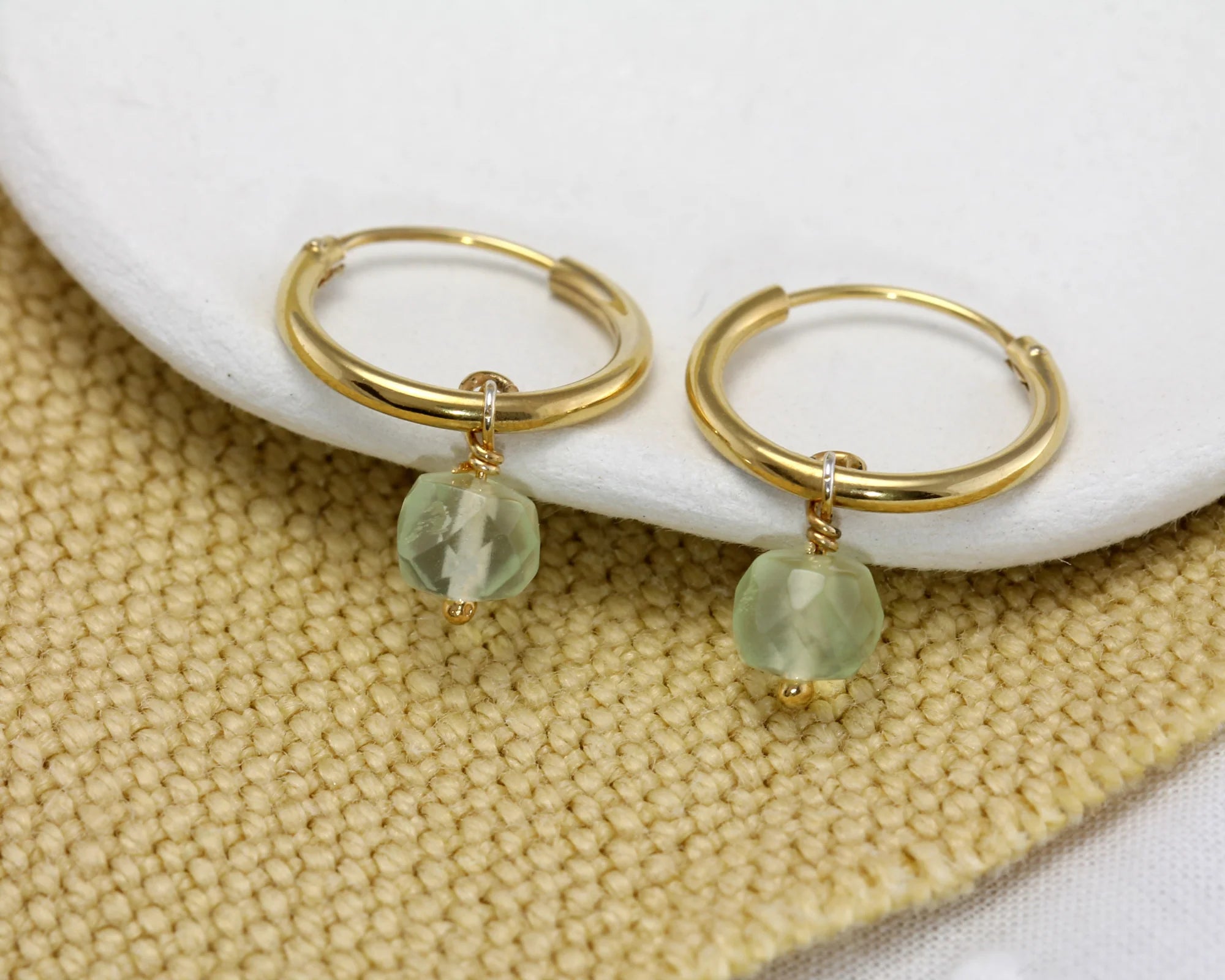 Gold Hoop Earrings | Prehnite Hoops | Gemstone Huggie Hoops | Tamar and Talya