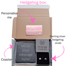 Load image into Gallery viewer, Hedgehog gift box - send a gift! Sterling silver hedgehog studs personalised note and slate coaster - Tamar and Talya
