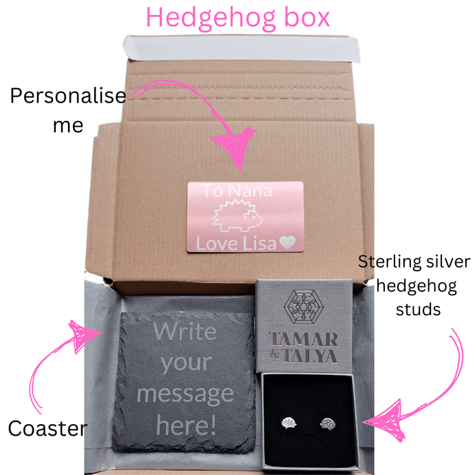 Hedgehog gift box - send a gift! Sterling silver hedgehog studs personalised note and slate coaster - Tamar and Talya