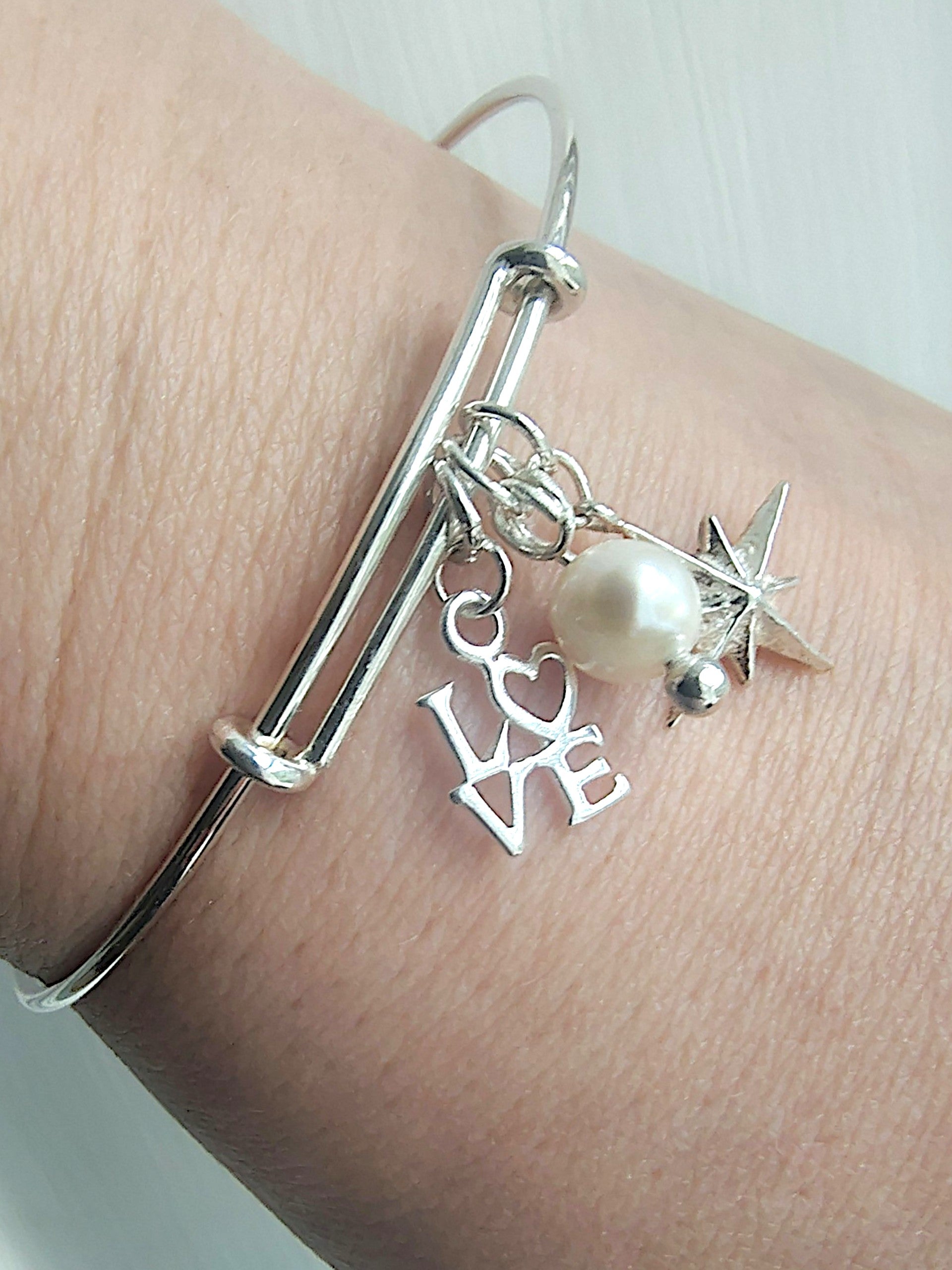 Charm Bracelet | Sterling Silver Charm Bangle | LOVE, Pearl and North Star Charms | Adjustable 925 Silver | Children & Adult Sizes