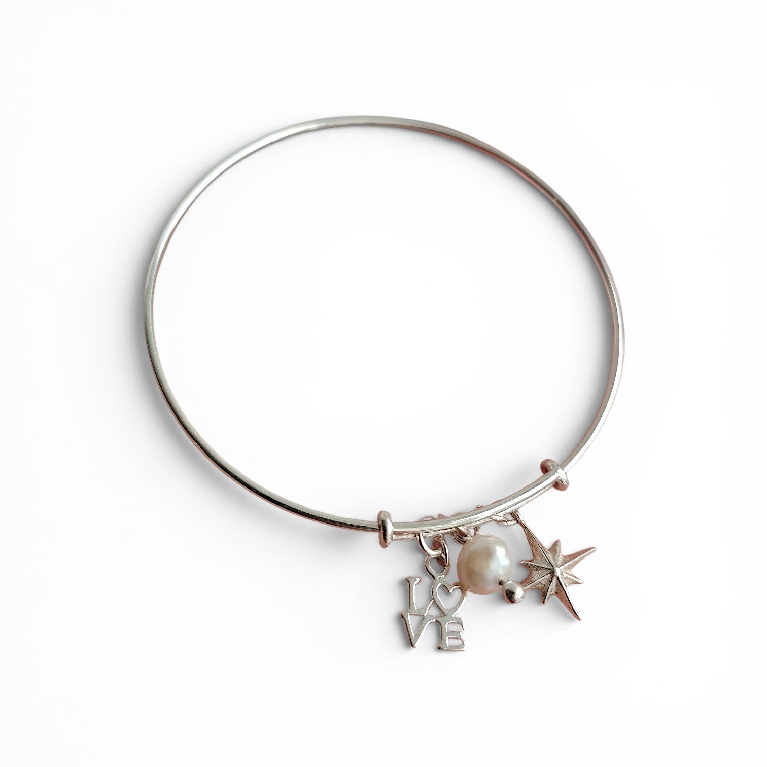 Charm Bracelet | Sterling Silver Charm Bangle | LOVE, Pearl and North Star Charms | Adjustable 925 Silver | Children & Adult Sizes