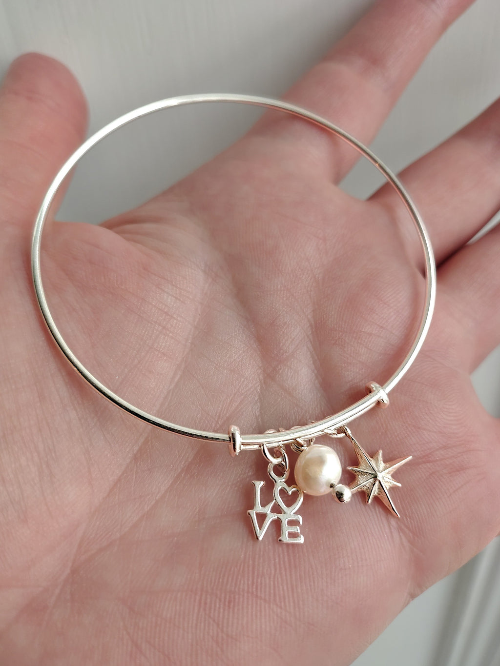 Charm Bracelet | Sterling Silver Charm Bangle | LOVE, Pearl and North Star Charms | Adjustable 925 Silver | Children & Adult Sizes
