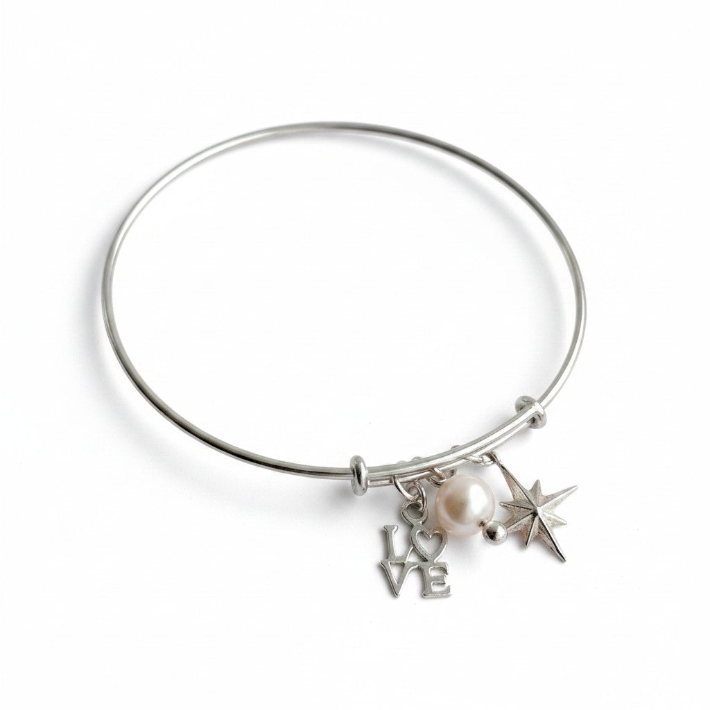 Charm Bracelet | Sterling Silver Charm Bangle | LOVE, Pearl and North Star Charms | Adjustable 925 Silver | Children & Adult Sizes