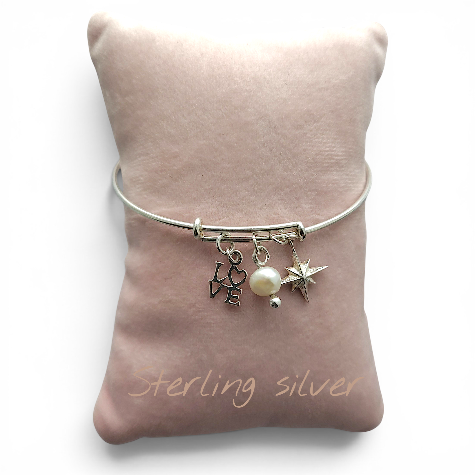 Charm Bracelet | Sterling Silver Charm Bangle | LOVE, Pearl and North Star Charms | Adjustable 925 Silver | Children & Adult Sizes