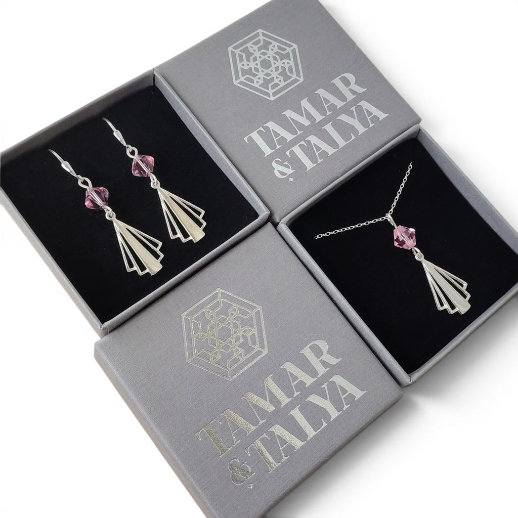 Art Deco Sterling Silver Bridal Set | Light Rose Swarovski Crystal Earrings Necklace