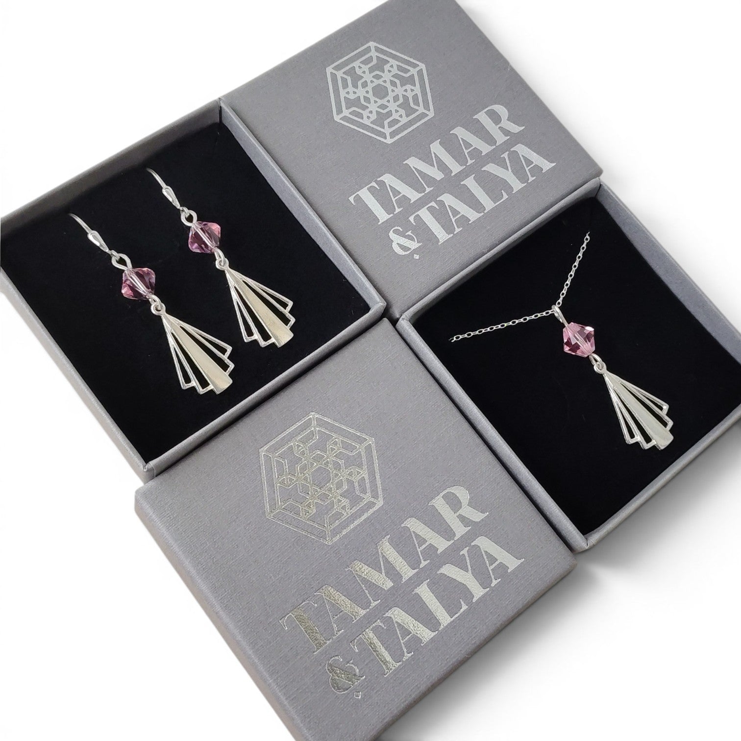 Art Deco Sterling Silver Bridal Set | Light Rose Swarovski Crystal Earrings Necklace