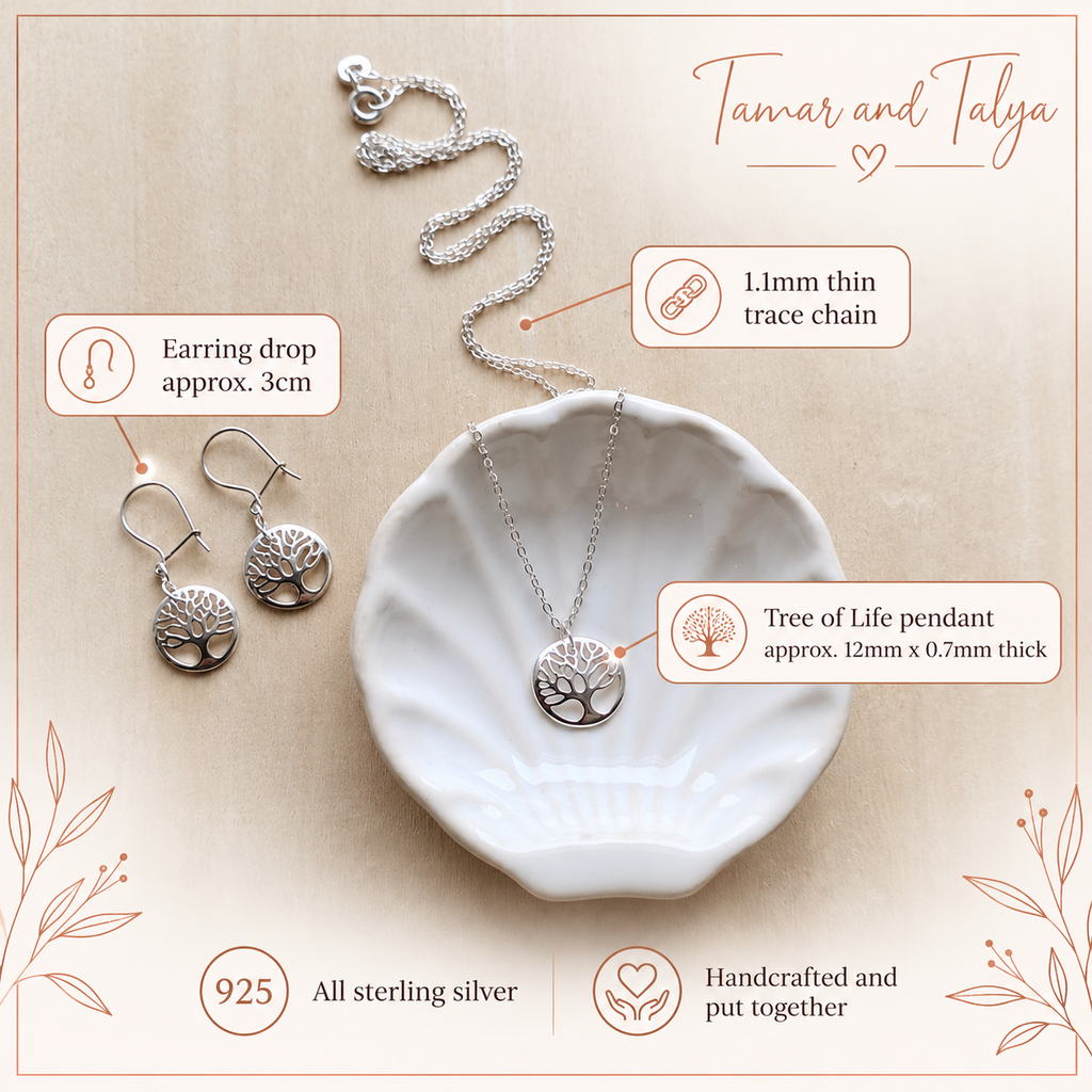 Sterling silver jewelry set by Tamar and Talya, featuring a Tree of Life pendant necklace, matching earring drops, and a chain necklace, displayed on a white dish with descriptive text callouts on a beige background.