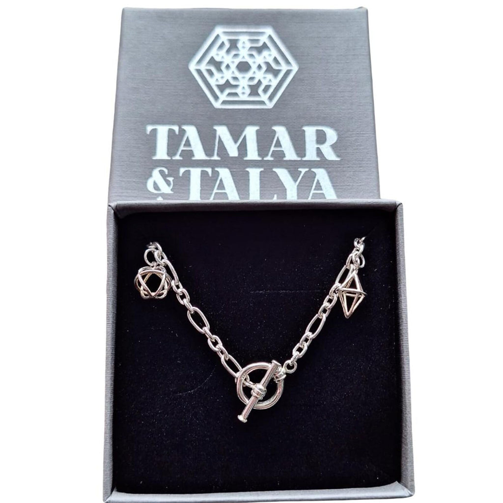 Tamar & Talya Sterling Silver Geometric Charm Bracelet, Modern Chain Design with Toggle Clasp, 19cm Length, Gift Box Included
