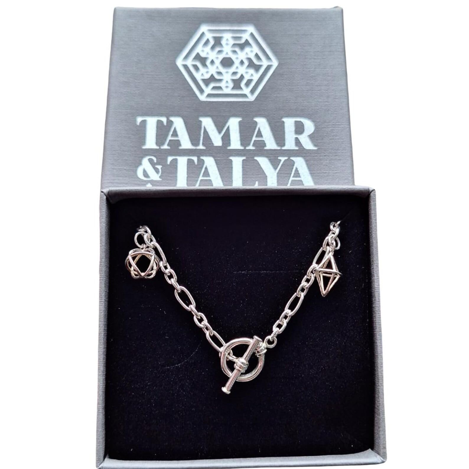 Tamar & Talya Sterling Silver Geometric Charm Bracelet, Modern Chain Design with Toggle Clasp, 19cm Length, Gift Box Included