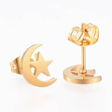 Load image into Gallery viewer, Golden Moon &amp; Stars Stud Earrings | BYOB |Wishstrings Hypoallergenic Stud Earrings | Tamar and Talya.
