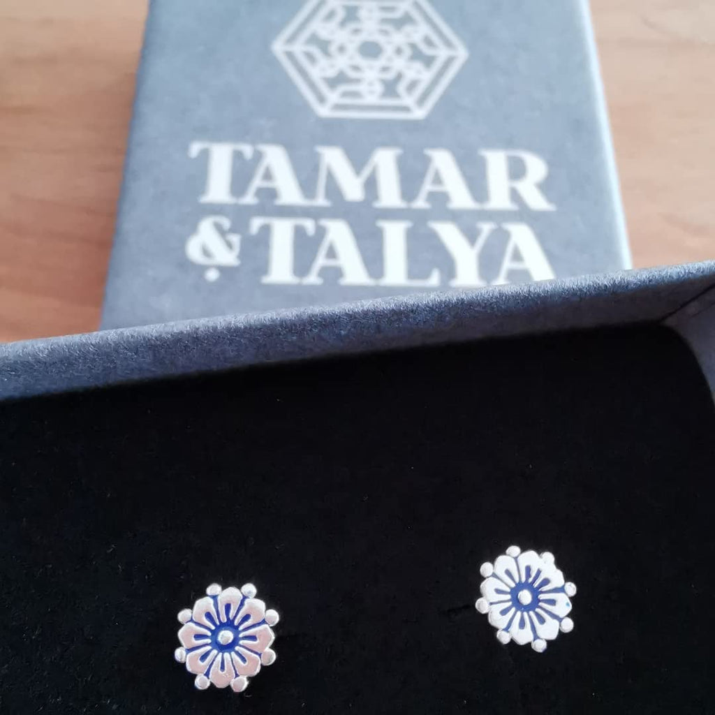 Blue Enamel Stud Earrings | Handcrafted 925 Sterling Silver | Gift for Her | Tamar & Talya