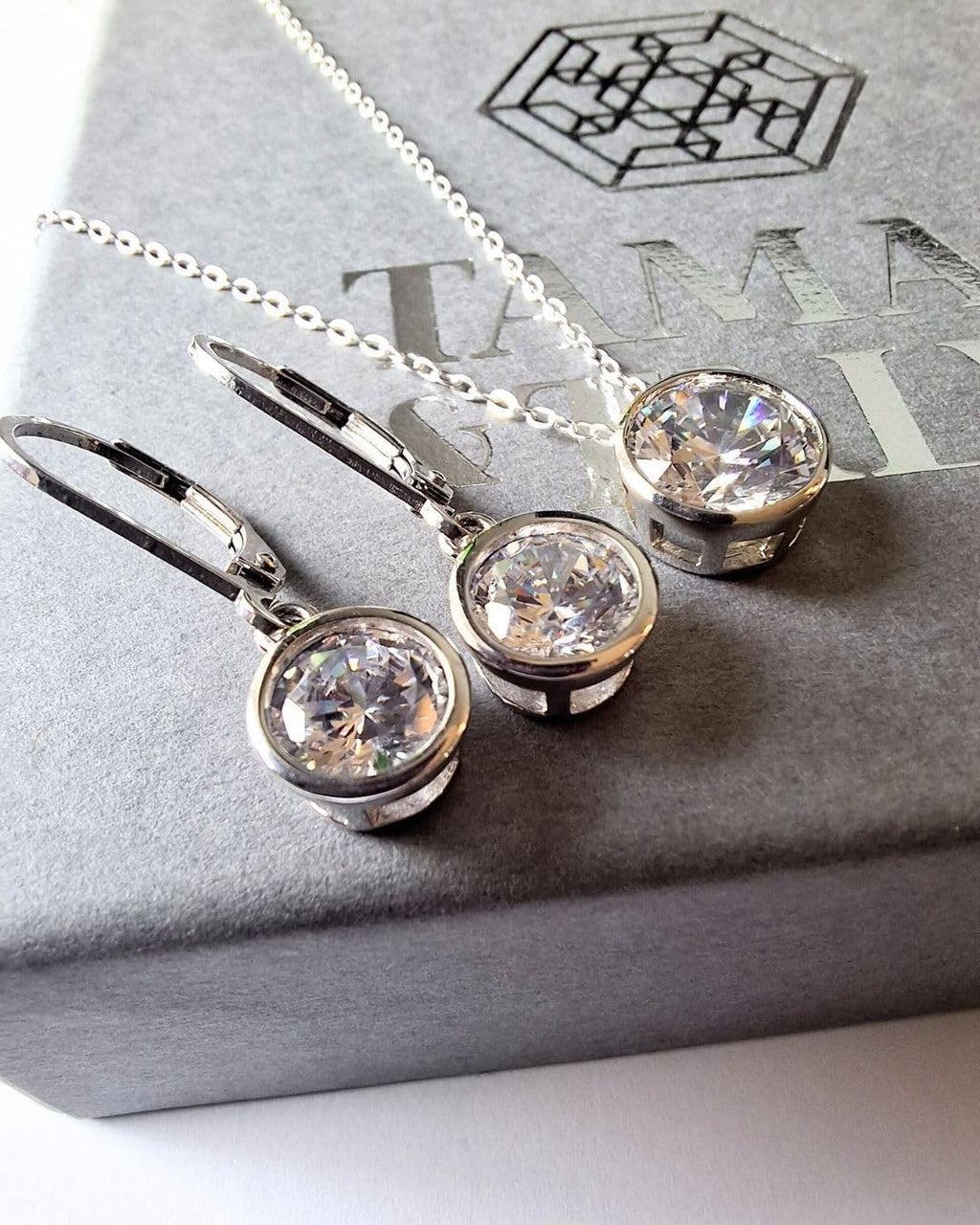 Cubic Zirconia Pendant & Drop Earring Set | Rhodium Plated Sterling Silver | Tamar & Talya