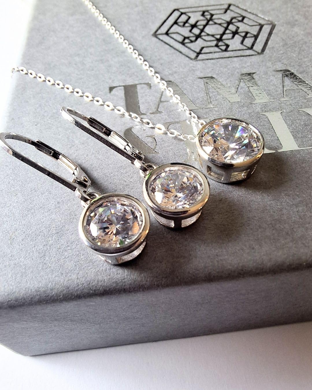 Cubic Zirconia Pendant & Drop Earring Set | Rhodium Plated Sterling Silver | Tamar & Talya
