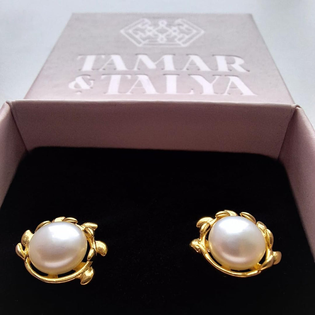 13mm Pearl and Branch Stud Earrings, Sterling Silver, Gold Plated