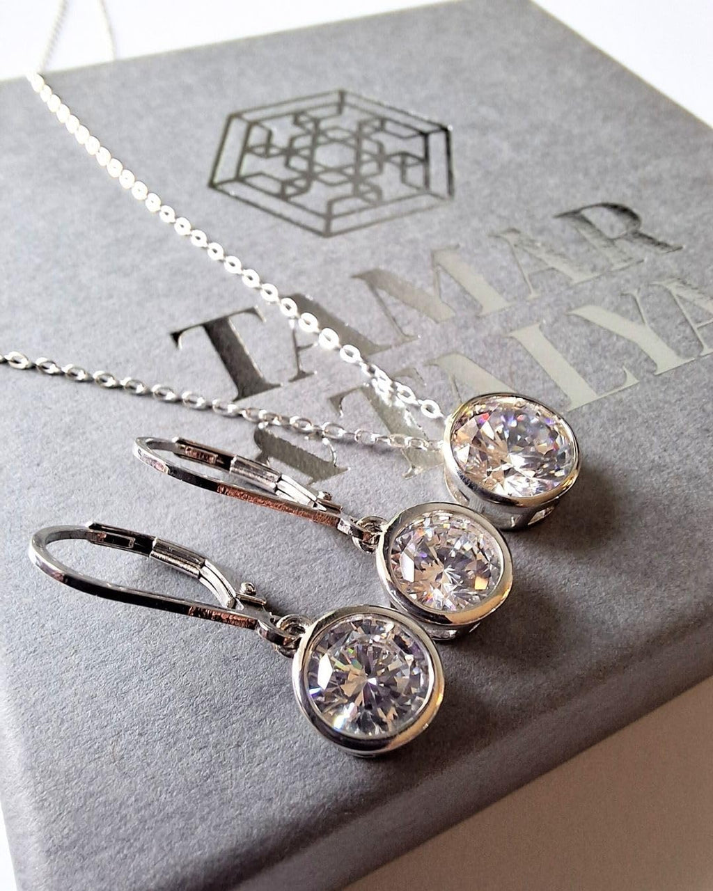 Cubic Zirconia Pendant & Drop Earring Set | Rhodium Plated Sterling Silver | Tamar & Talya