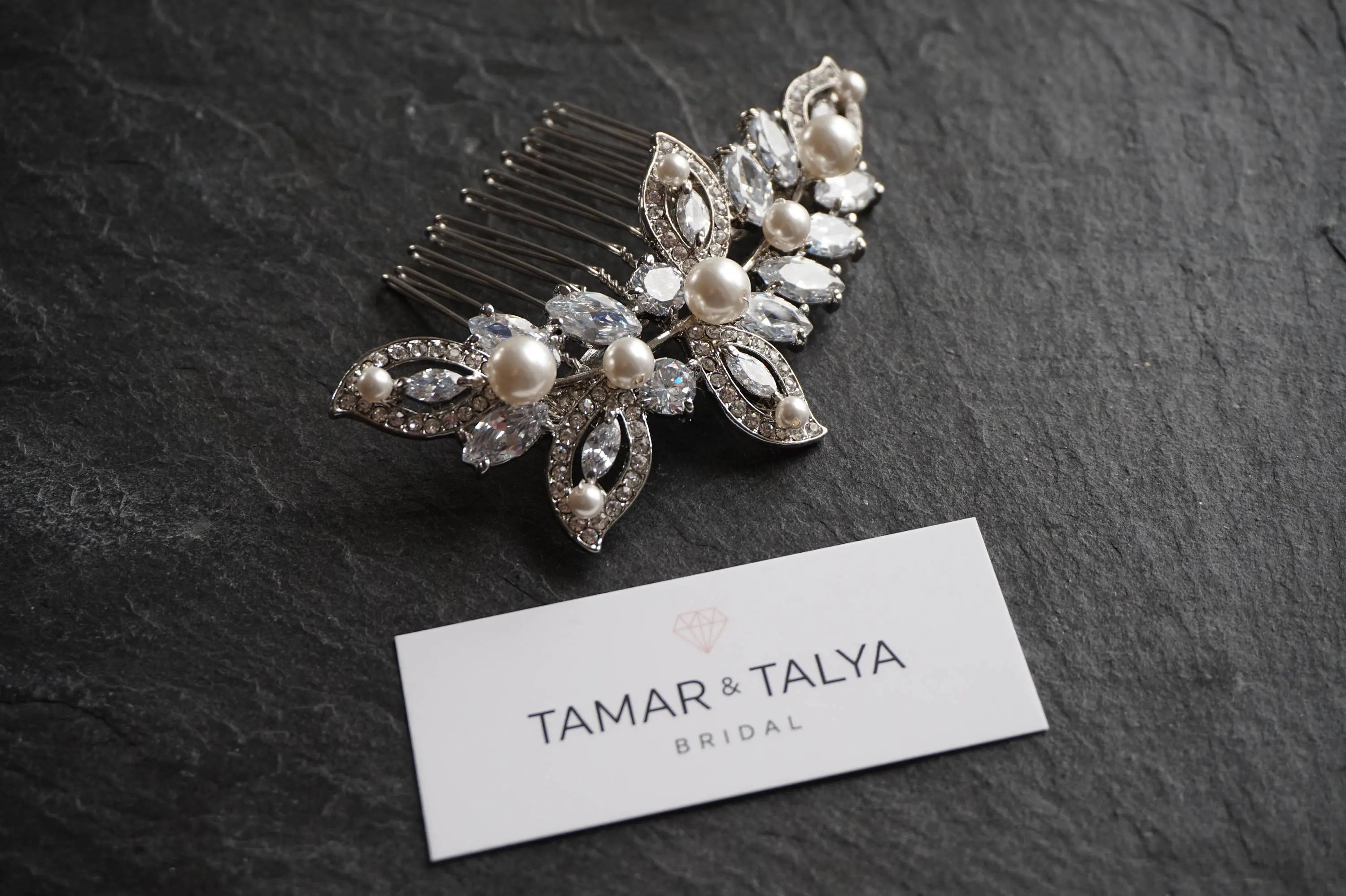 Bridal Hair Comb | Cubic Zirconia Crystals | Personalise with Swarovski Pearl Beads | Tamar and Talya