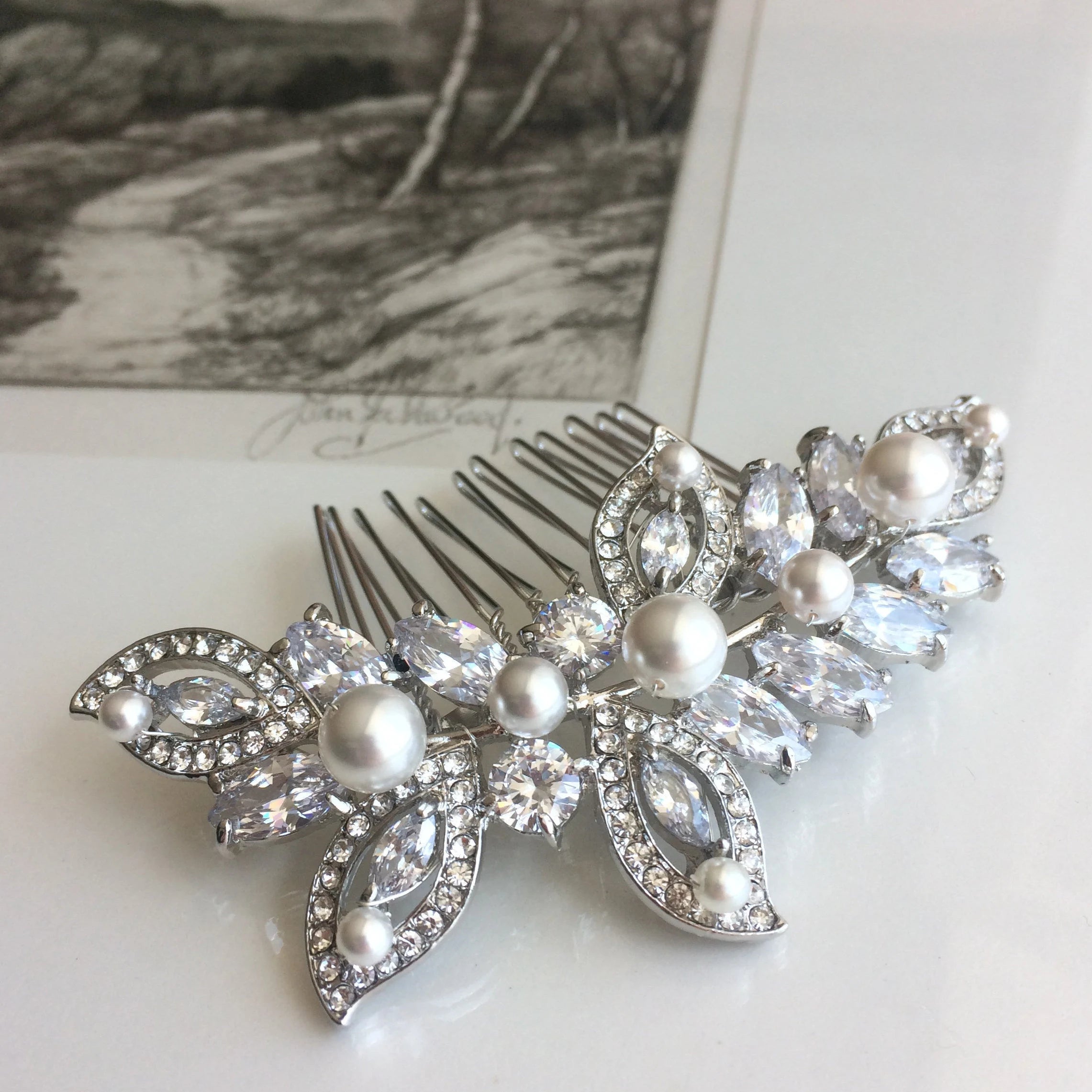 Bridal Hair Comb | Cubic Zirconia Crystals | Personalise with Swarovski Pearl Beads | Tamar and Talya