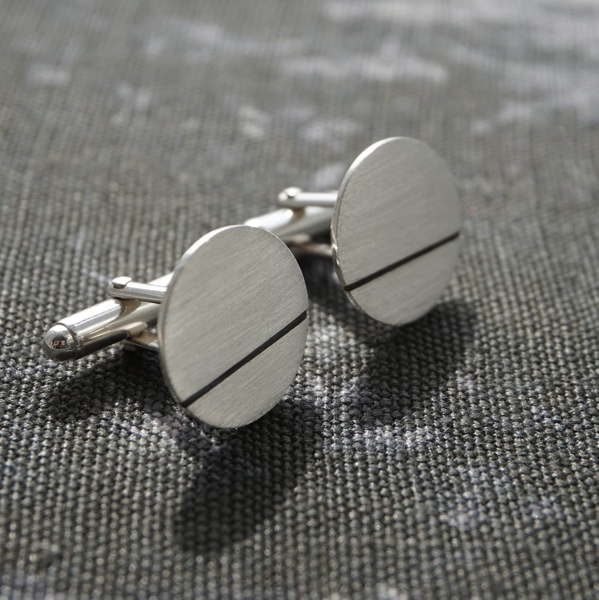 Round Cufflinks with Oxidised Black Line | Modern Geometric | Handcrafted in the UK